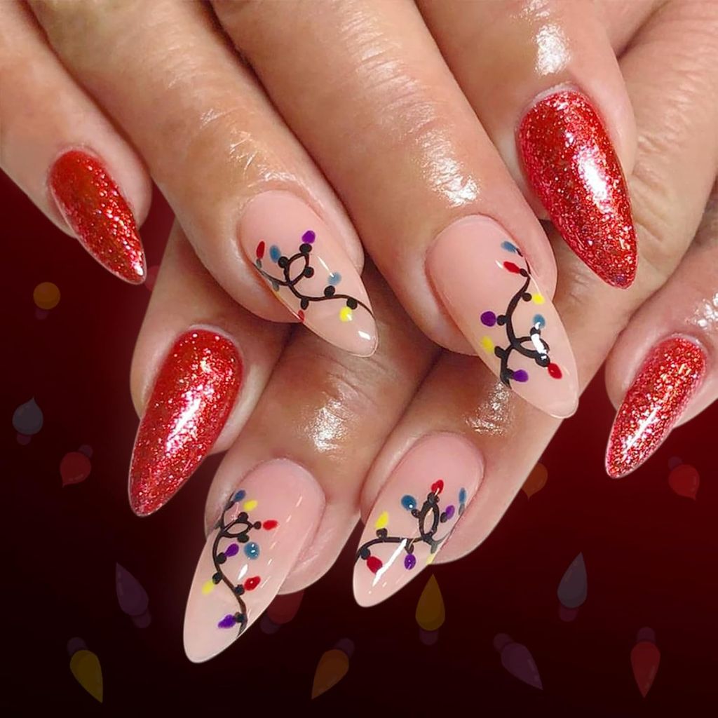 Christmas Press-On Nails, Almond Shape, Med Length - Red Glitter, Lights - 24pcs