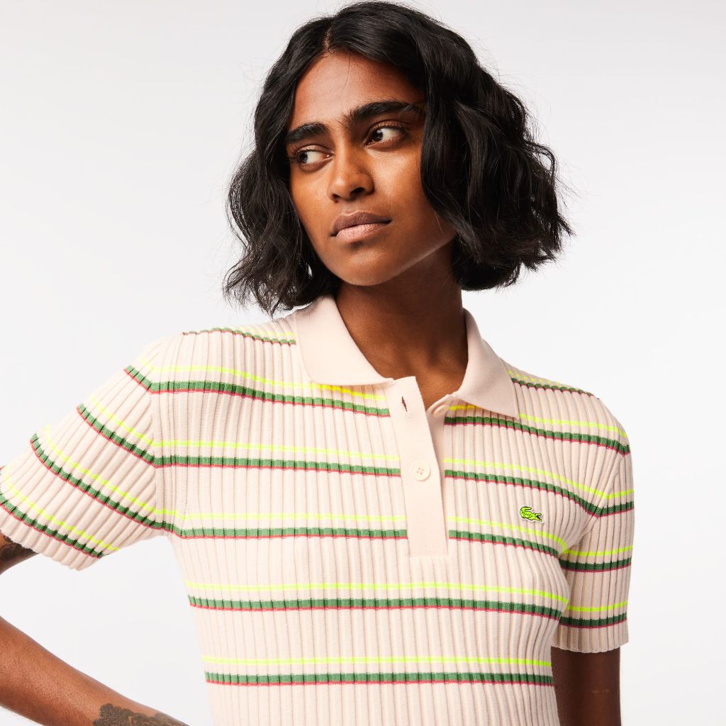 Lacoste Women's Knit Polo Shirt, Cream Multicolored, 44 (XL)