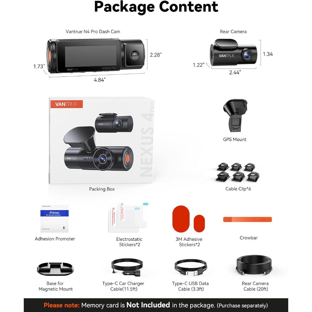 Vantrue Nexus 4 Pro 4K 3 Channel Dash Cam, STARVIS 2, PlatePix, Night Vision