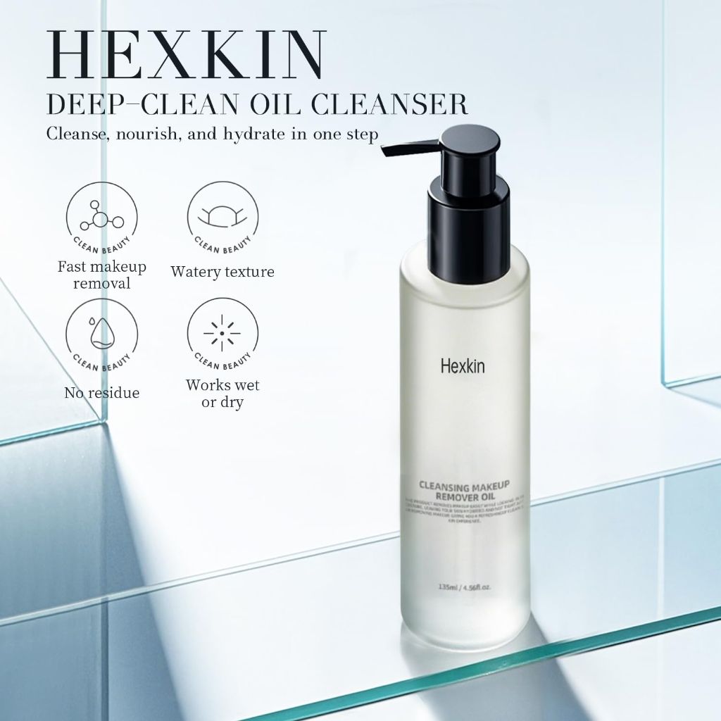 Hexkin Cleansing Oil for Face – Makeup Remover with Jojoba, Hydrating & Soothing Cleanser for All Skin Types (135ml*3)