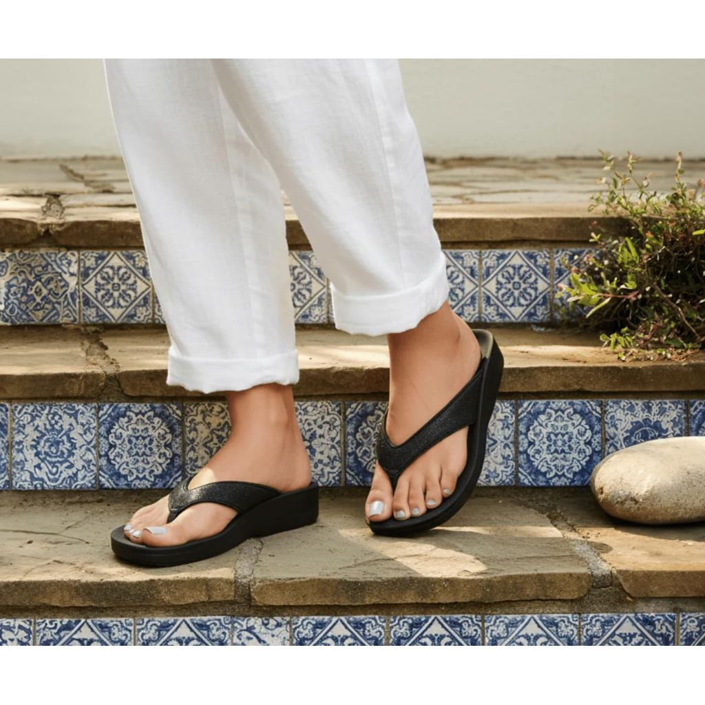 AEROTHOTIC Women's Arch Support Orthotic Flip Flops - Crystal Black Faux Leather, Size 9