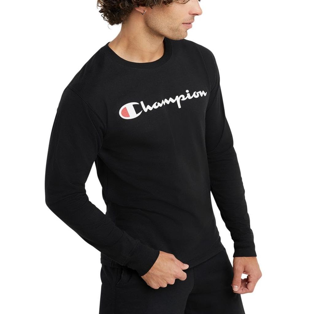 SZ XS, Champion mens Classic Long Sleeve Tee, Screen Print Script T Shirt, Black