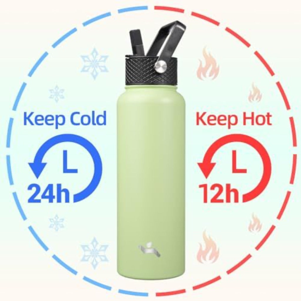 Konokyo 40oz Insulated Water Bottle Sport Stainless Steel Water Bottles with 3 Lids Macaron Green