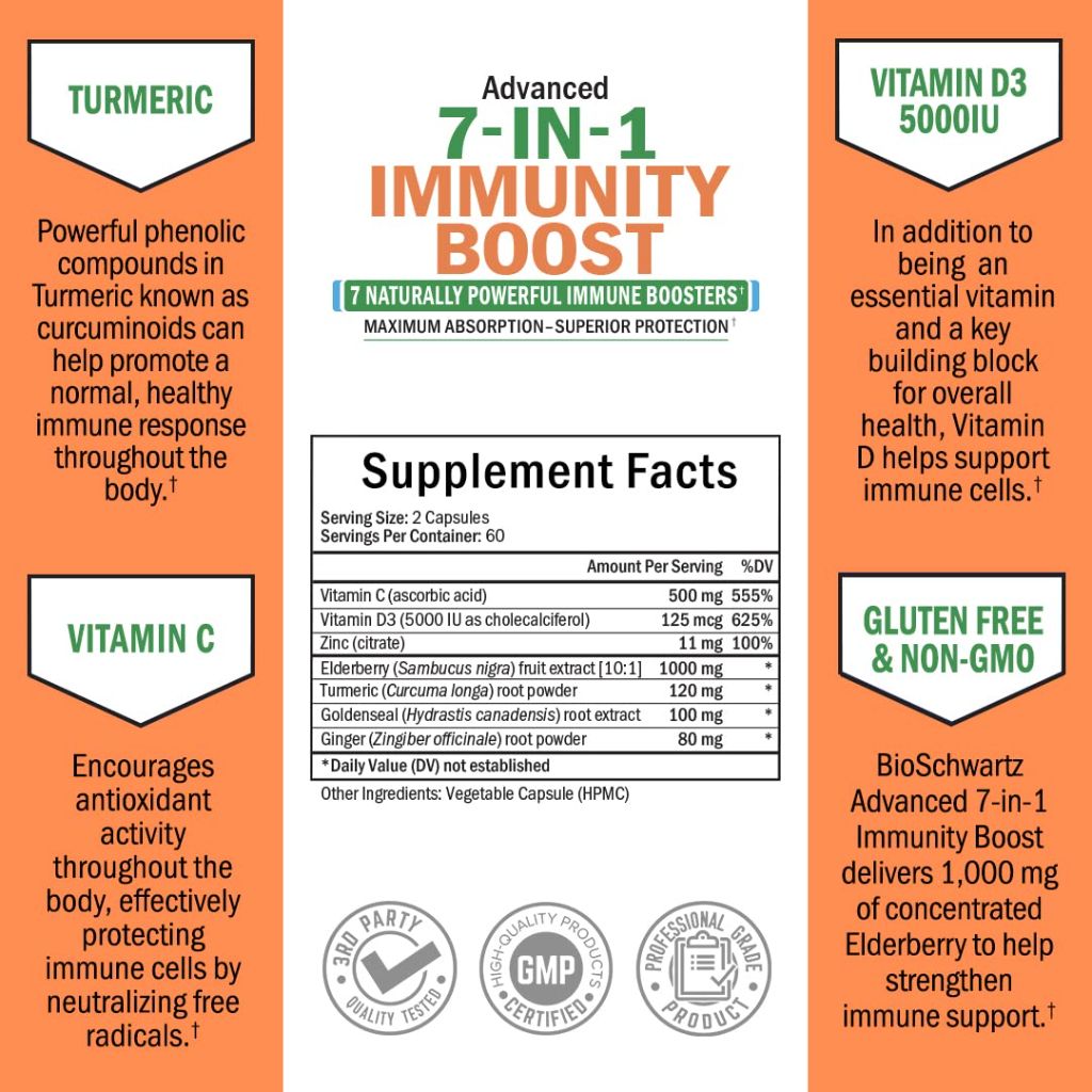 Immune Support Supplement with Zinc Vitamin C Vitamin D 5000 IU Elderberry Ginger D3 Goldenseal - 120ct