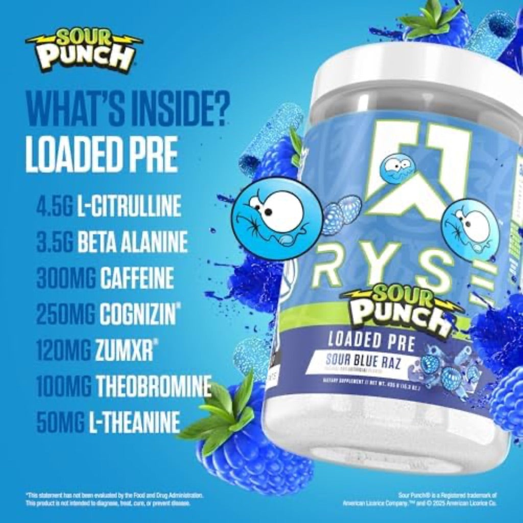 RYSE Loaded Pre Workout Powder - Sour Punch Blue Raz - 30 Servings
