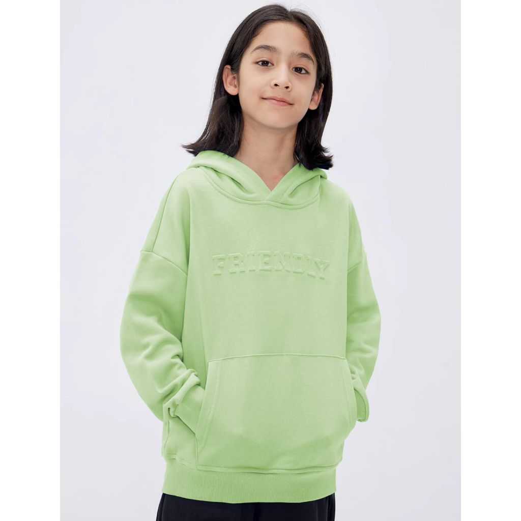 Flygo Kids Unisex Embossed Pullover Hoodie (Bean Green-XL)