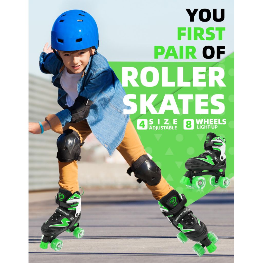 SUPER YOUNGSTER Adjustable Roller Skates, Green - Kids Ages 5-8 8-12