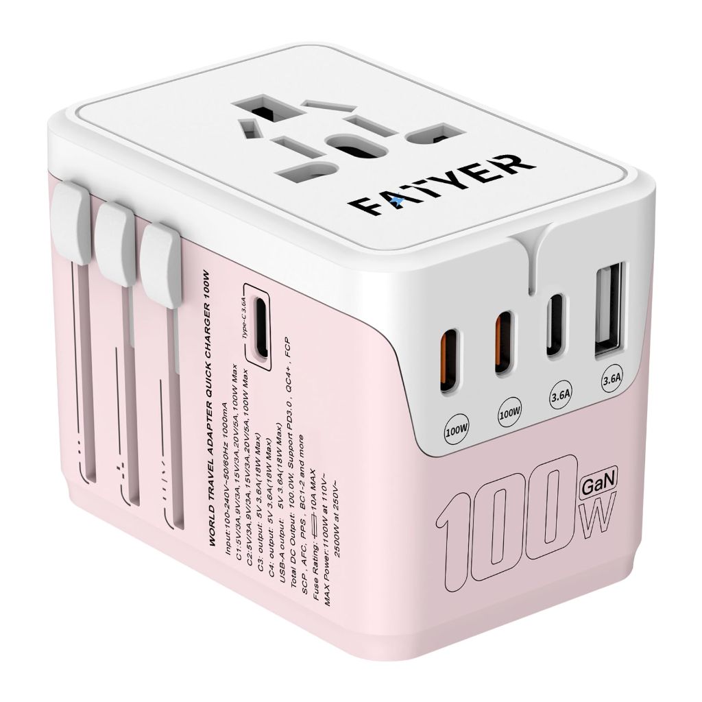 FATYER Universal Travel Adapter, 120w GaN International Plug Adapter - Pink