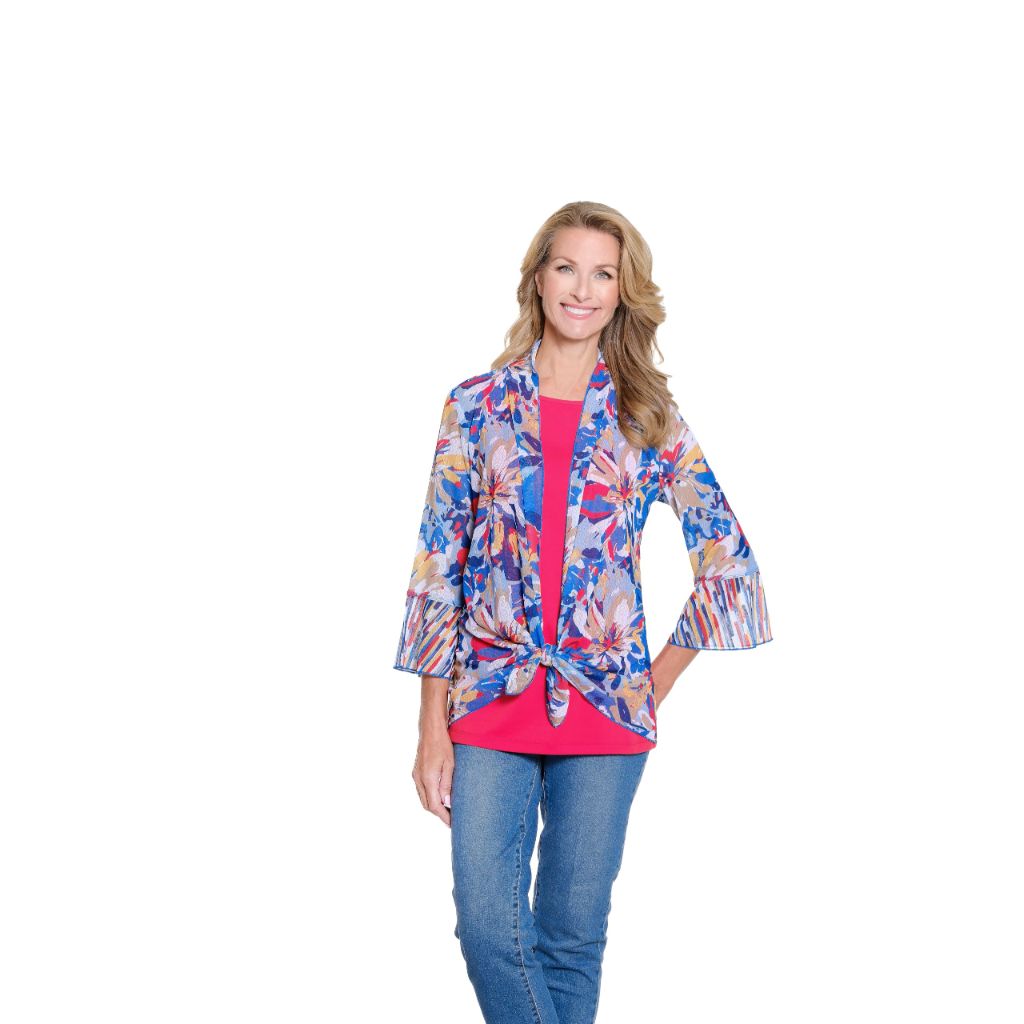 SZ PM, MULTIPLES Womens Clothing | Shawl Collar Tie Front Jacket | 3/4 Flounce Sleeve | Multi