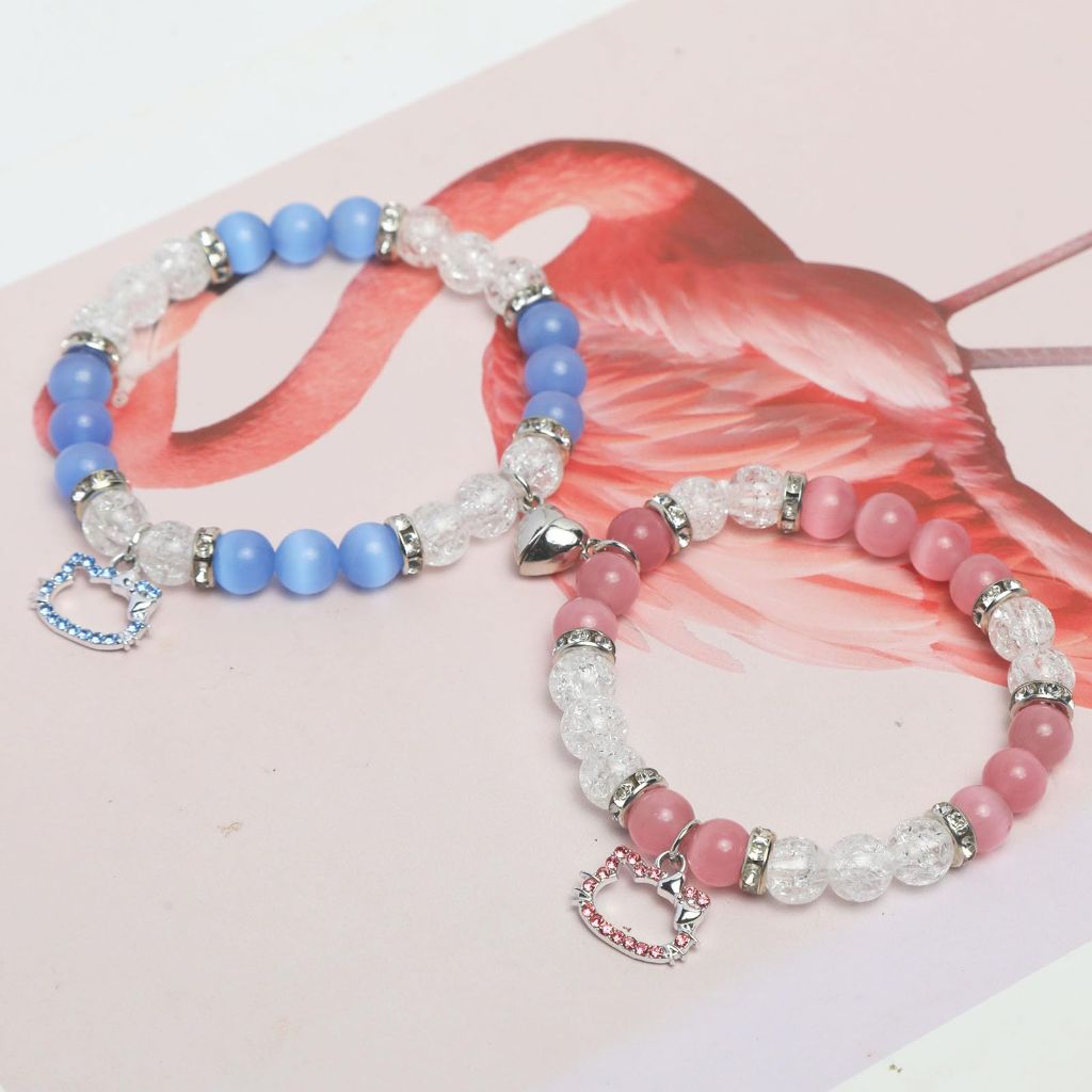 Artinhand Magnetic Cute Cat Couple Bracelet, (Pink + Lake Blue)