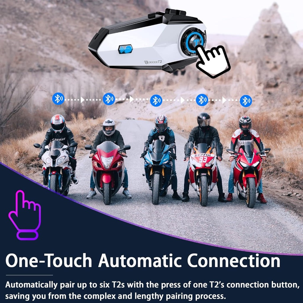 Motorcycle Bluetooth Headset, T2 1000m 6 Riders Helmet Bluetooth Headset with Noise Cancellation, Universal Motorcycle Bluetooth Communication System, Music Sharing & HD Speakers(1 Pack)