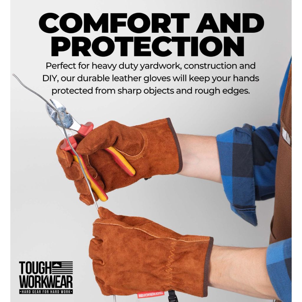 SZ L 10, Tough Workwear Leather Work Gloves - Cow Split Leather - Brown