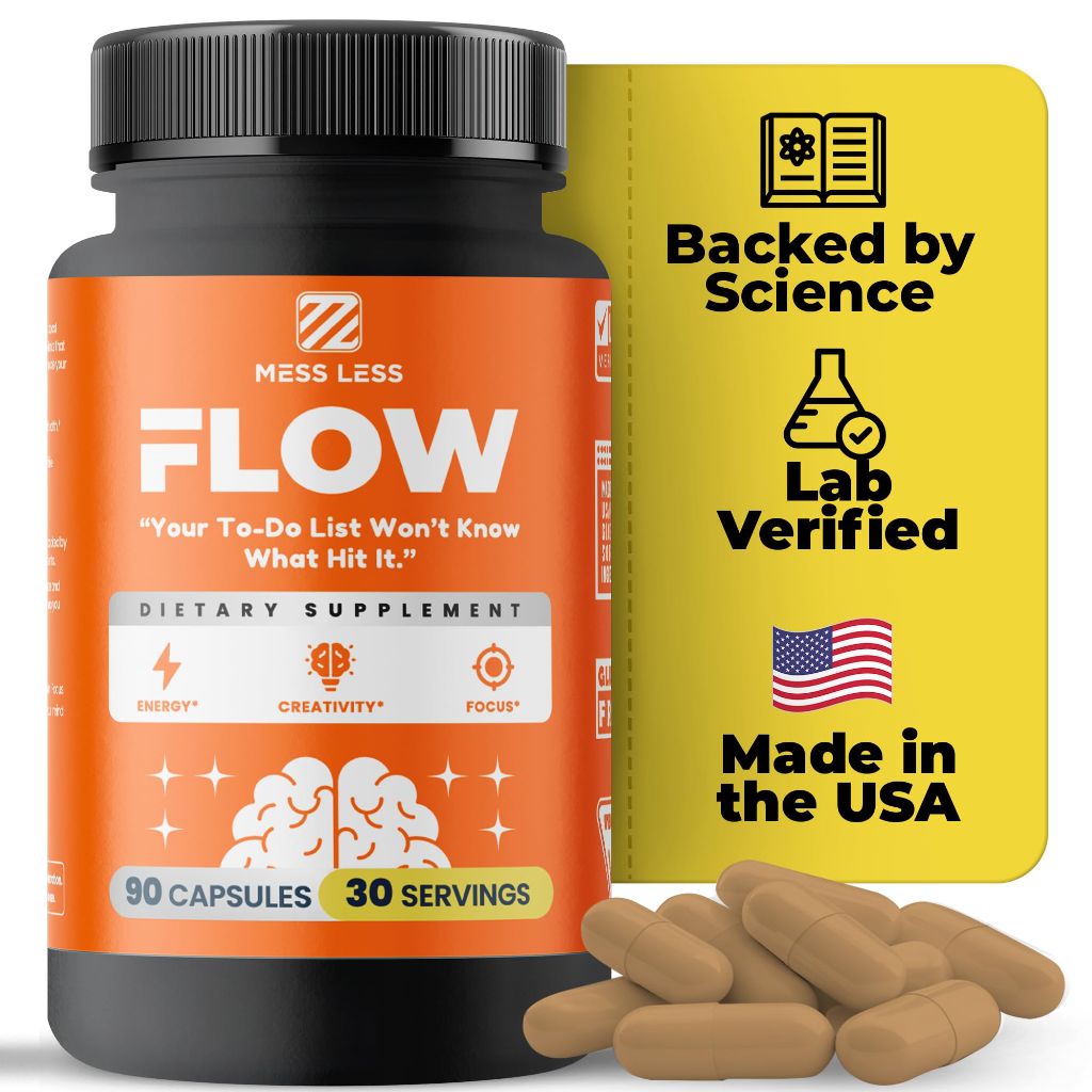 MESS LESS FLOW – Nootropic Brain Supplement for Focus, Memory, Creativity&Mental Clarity – Complete Daytime Cognitive Support with Lion’s Mane, Bacopa, Ginkgo, Guayusa | Vegan, Gluten-Free, Lab-Tested