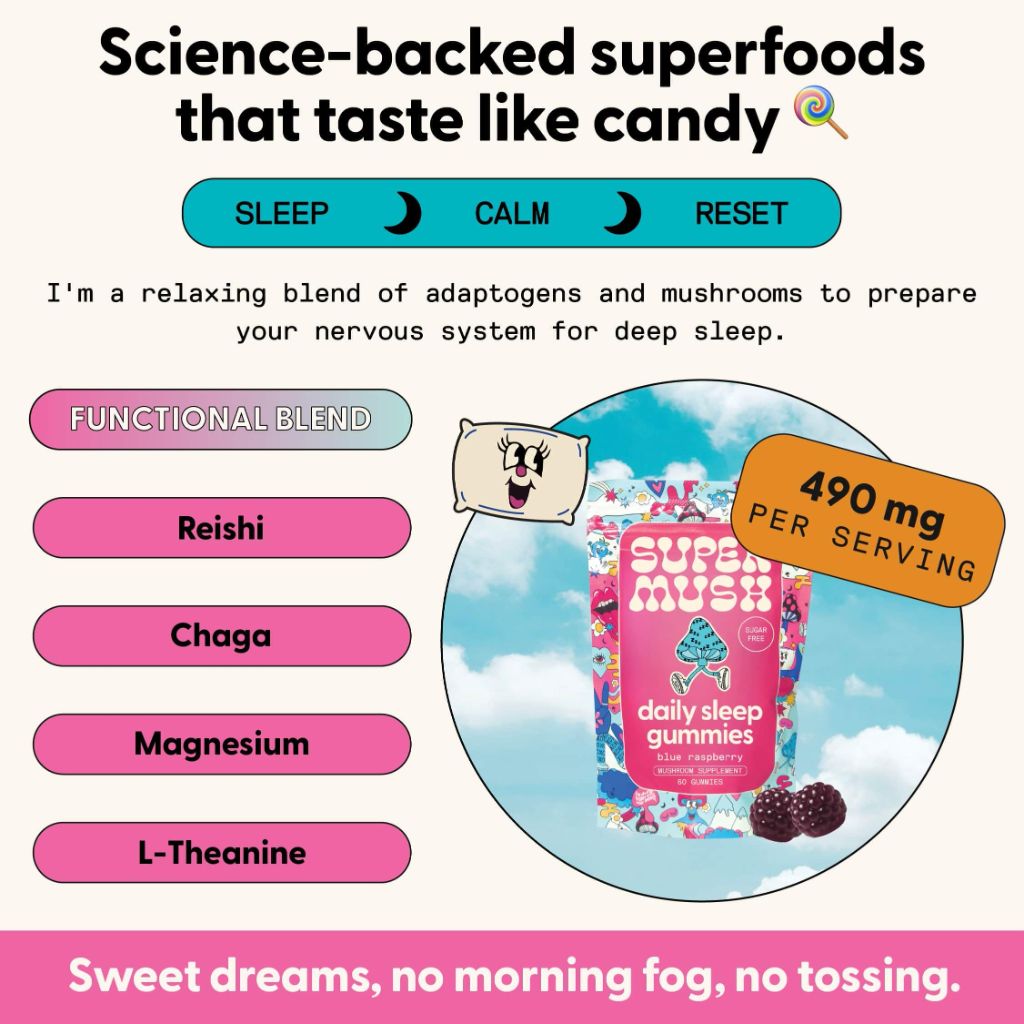 SuperMush Sleep Gummies for Adults - Mushroom Supplement with Magnesium Citrate, L-Theanine, Chaga, Reishi & Chamomile for Deep Sleep, REM & Detox - Vegan & Sugar-Free - 60 Gummies (30 Servings)