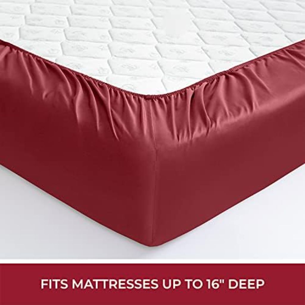 Mellanni 400 Thread Count Cotton Sateen Bedding Set - 4 Piece White Bed Sheets Set - Fits Mattresses up to 16" Deep - Cooling Sheet for Hot Sleepers (Full, Burgundy)