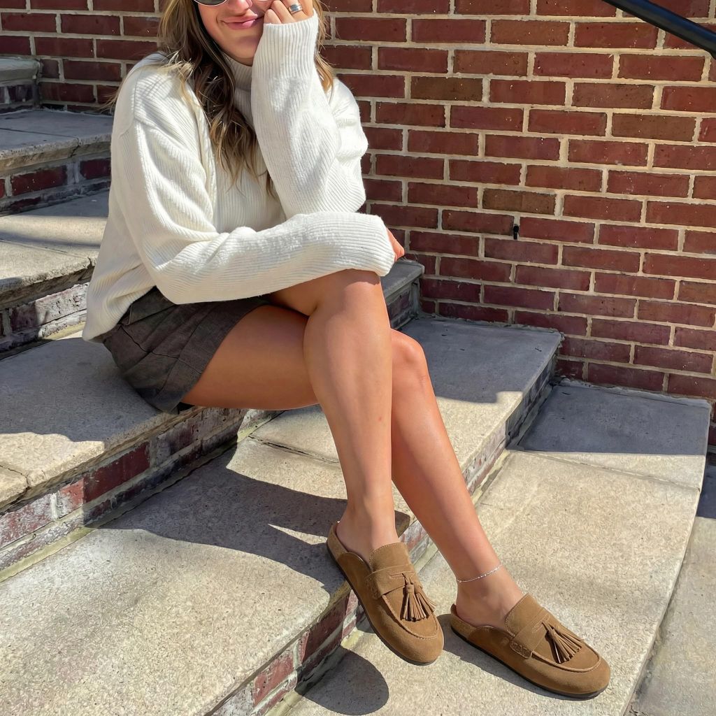 SZ 8, Yellhum Faux Suede Mules Loafers | Tan