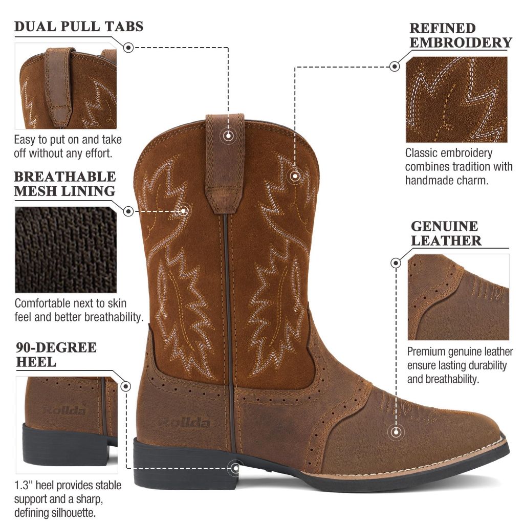Rollda Leather Cowboy Boots for Men Western Boots Square Toe Chunky Heel Mid-Calf Boots Classic Embroidered with Pull On Tabs Dark Brown Size 13