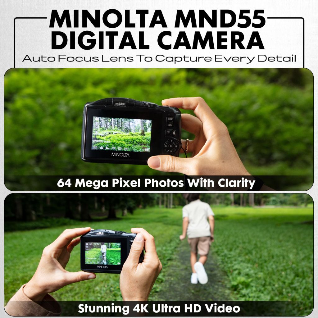 Minolta 64MP Digital Camera – 4K Ultra HD Video at 60FPS, 16x Digital Zoom, WiFi, CMOS Sensor, 3-inch LCD Display, Auto Exposure - Includes 32GB Memory Card, Rechargeable Battery (Black)