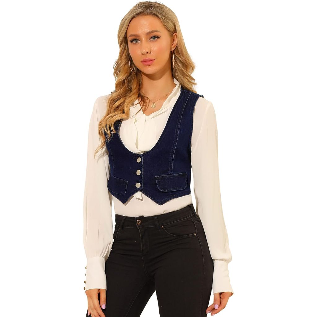 Allegra K Women's Vintage Button-Up Crop Denim Vest - Blue, Size Small
