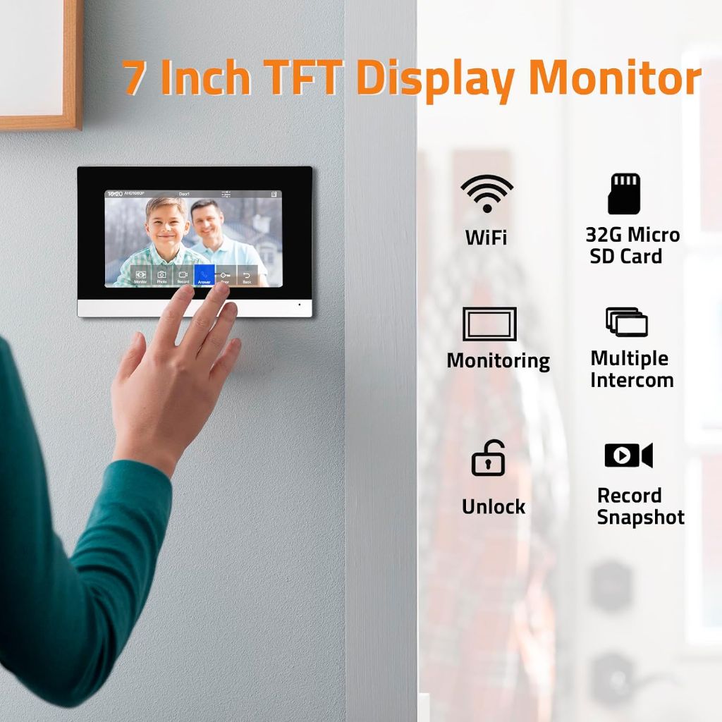Wireless IP Video Doorbell Intercom System, WiFi 7 Inch Monitor with Metal HD Door Camera (Wired Power)