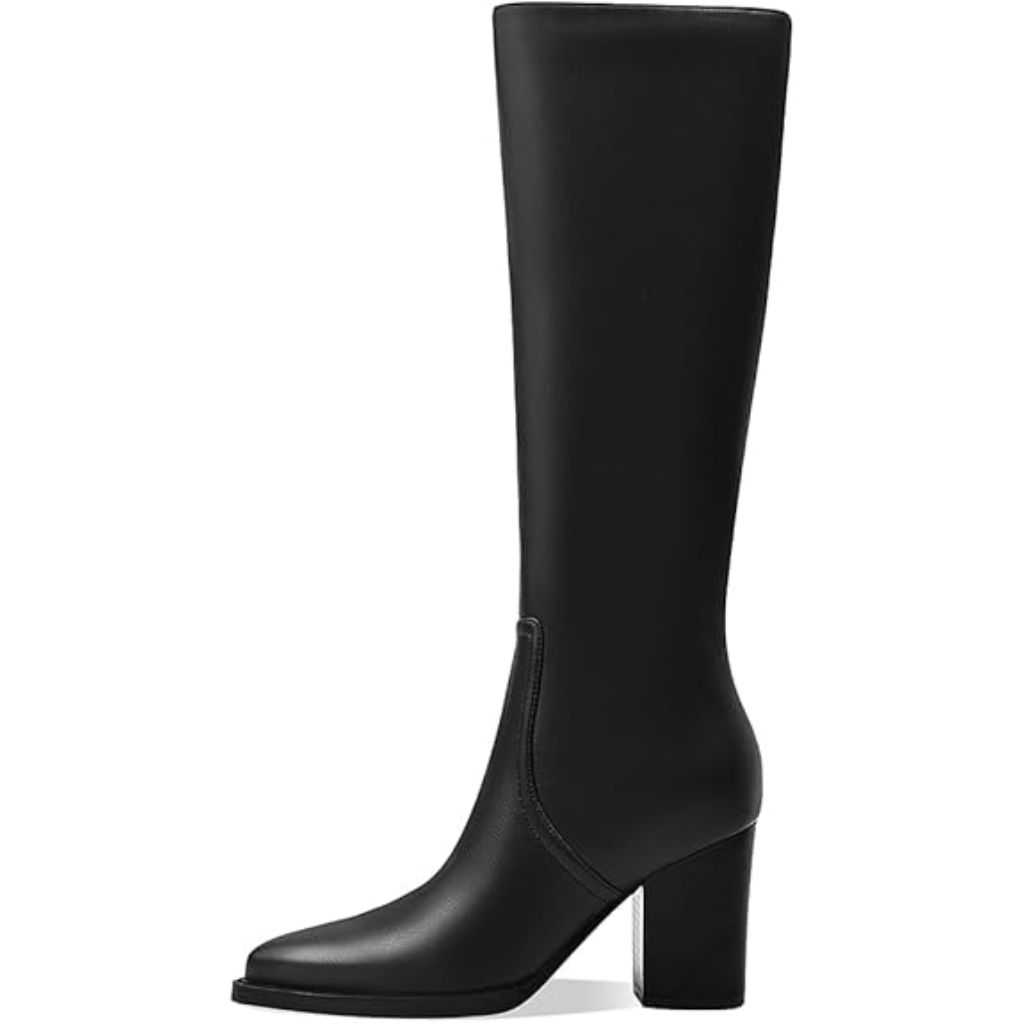 Motimoden Women's Knee High Chunky Heel Pointed Toe Pull On Boots - Black Leather, Size 9.5