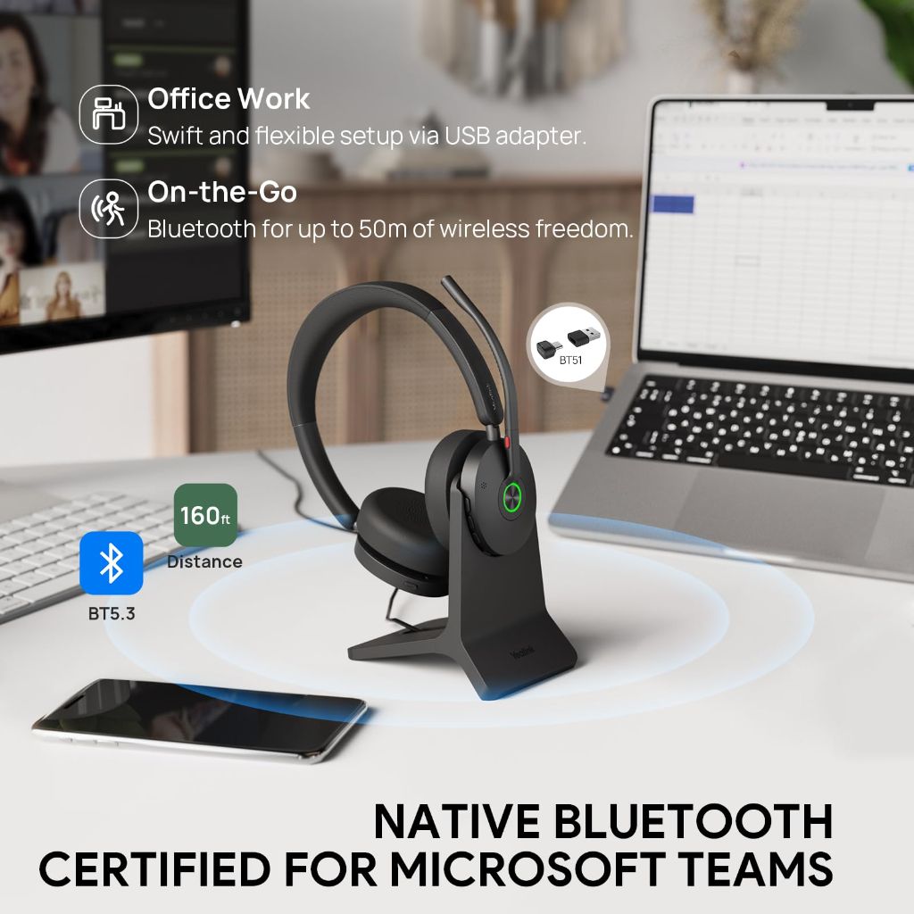 Yealink BH74 with Stand Active Noise Canceling Wireless Headset with Mic for Work, up to 32h Talk, UC Compatible