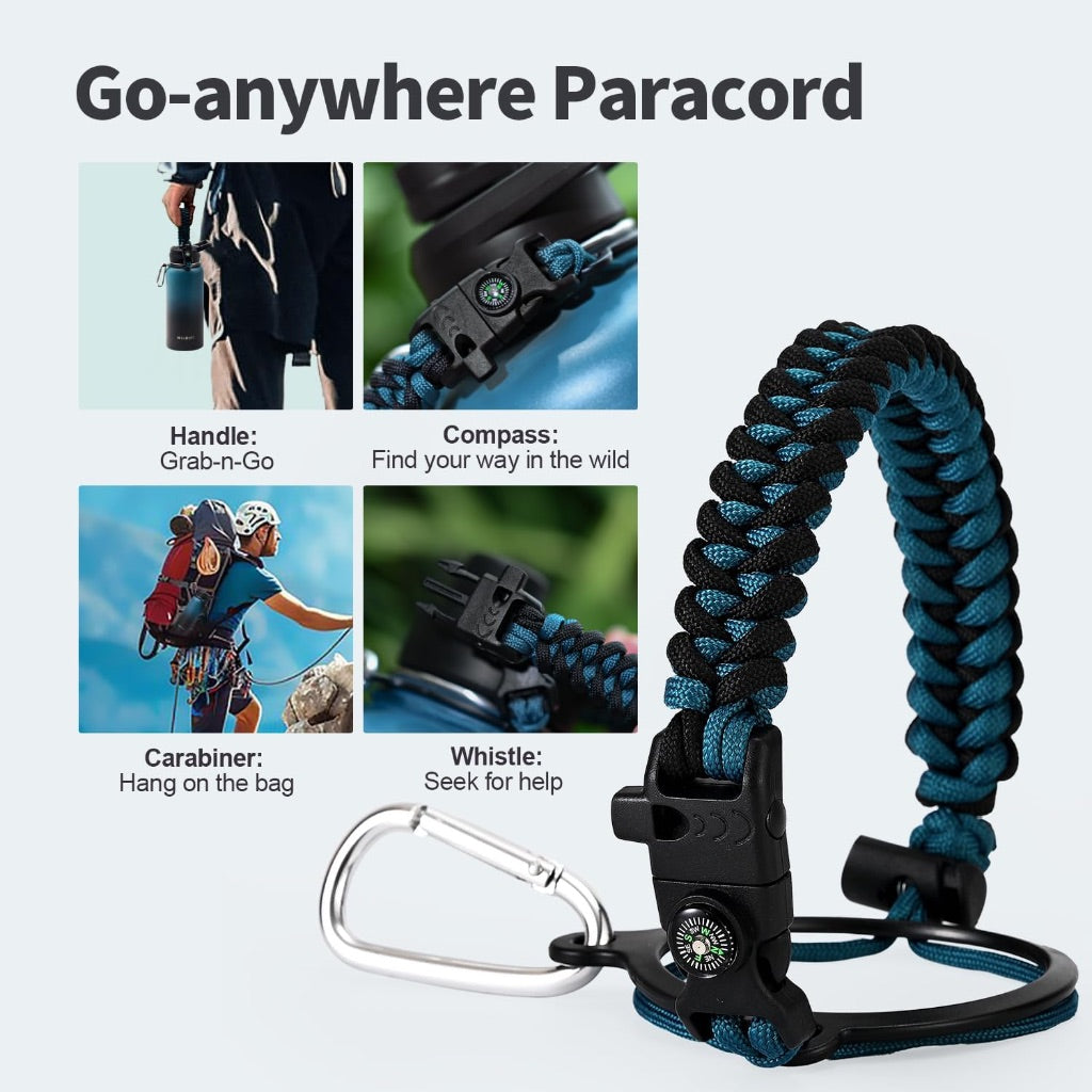 32 oz Insulated, Stainless Steel Water Bottle with Paracord Handle, Straw Spout Lids, & DIY Stickers - Blue/Black Gradient