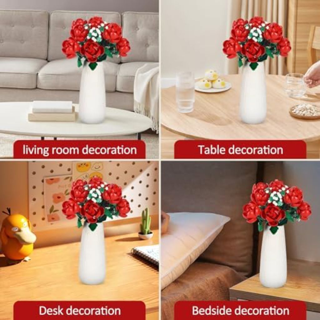 780 PCS Red Rose Building Flower Bouquet Kit for Adults & Kids, DIY Artificial Flowers Set for Home Decor, Desk Display, Gifts for Women, Girls (Rose)