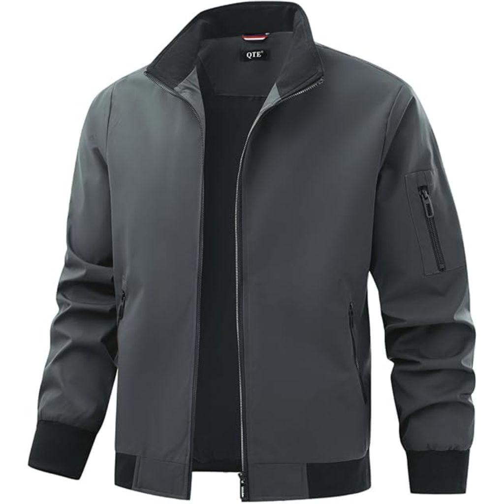 QTE Jacket for Men Fashion Windproof Bomber Jackets Coat Lightweight Casual Spring Fall Windbreaker Zip Up with Pocket