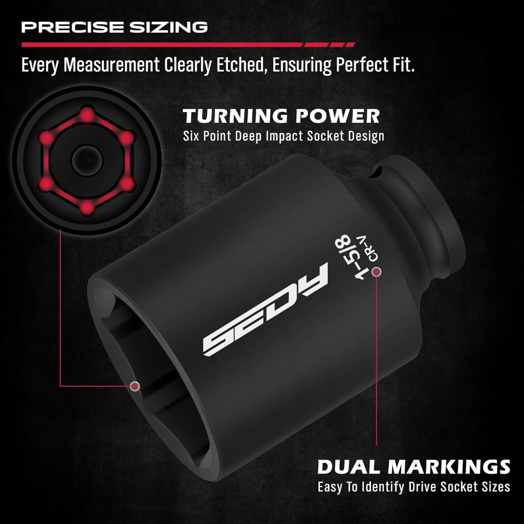 SAE Deep Impact Socket Set 8-Piece 1/2-inch Drive Wheel Axle Nut Wrench Large Sockets Standard Adapter 1-11/16 1-9/16 1-3/8 1-7/16 1-1/2 1-5/8 1-3/4 Imperial Spindle Joint Torque Bearing Locknut Truck
