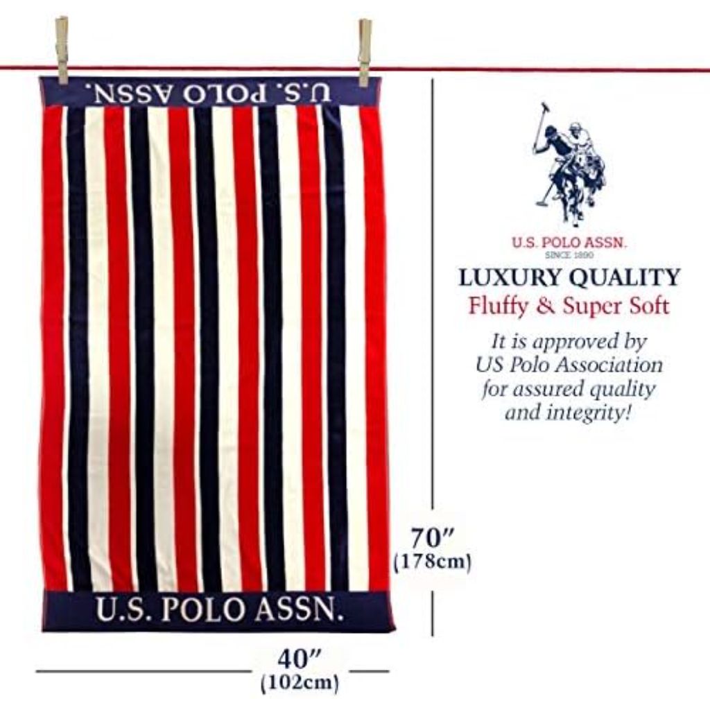 U.S. Polo Assn. Oversized (40” x 70”) Striped Nautical Design Beach Towel - Luxury Plush Cotton Hotel Quality for Bath, Pool - East Coast Stripe