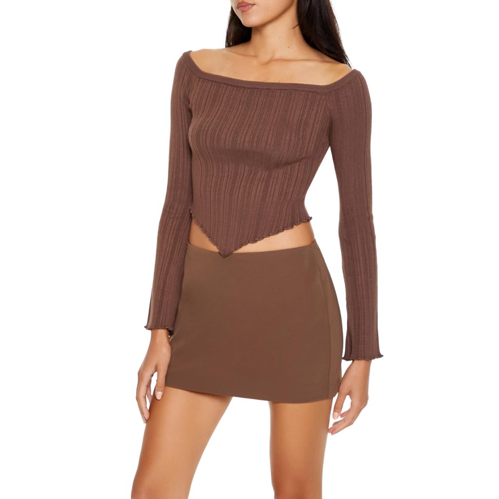 Forever 21 Women's Off-The-Shoulder V-Hem Sweater Espresso Medium  (Brown)