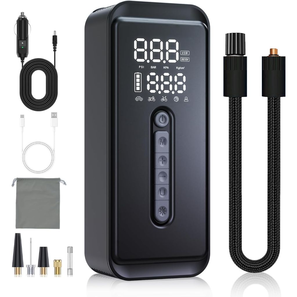 Yeaban Tire Inflator Portable Air Compressor-4X Faster 150 PSI -Rechargeable Battery & 12V DC Dual Power Supply, Smart Air Pump for Car Motorcycle Bicycle Ball with LED SOS Lighting (Black)