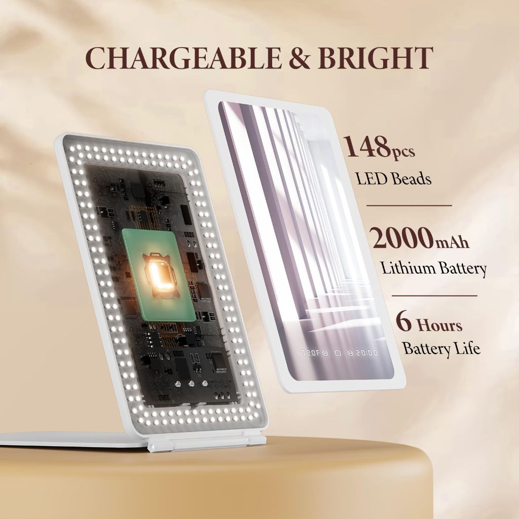 Travel Makeup Mirror with Time & Temperature Display, 7.5" Foldable Lighted Mirror