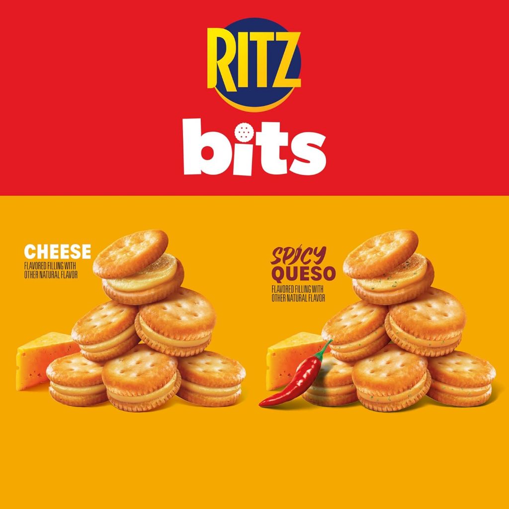 RITZ Bits Cheese and Spicy Queso Cheese Sandwich Crackers Variety Pack, Snacks for Kids and Adults, Lunch Snacks, 12-3 oz Bags