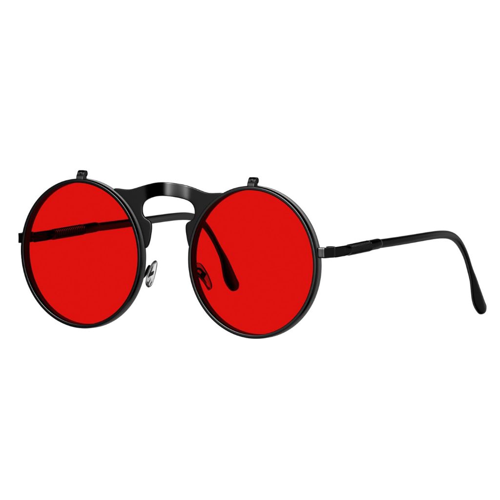 Yvey Unisex Retro 80s/90s Flip-Up Round Sunglasses Steampunk Rave Shades with Double Lenses (Black Frame/Red Lens)