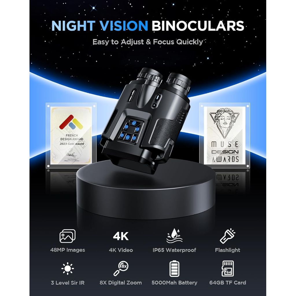 4K Night Vision Binoculars 8X Zoom/2000FT IR/5000mAh, 3'' HD Screen, 64GB TF Card, IP65 Waterproof & Tactical Light