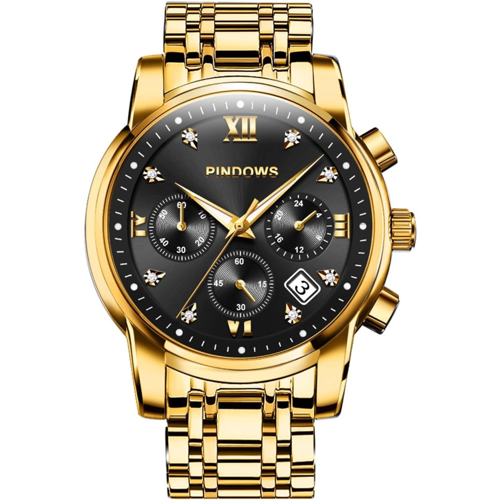 PINDOWS Watches for Men Diamond Date Calendar Quartz Watches Analog Stainless Steel Waterproof Luminous Two Tone Business Watch