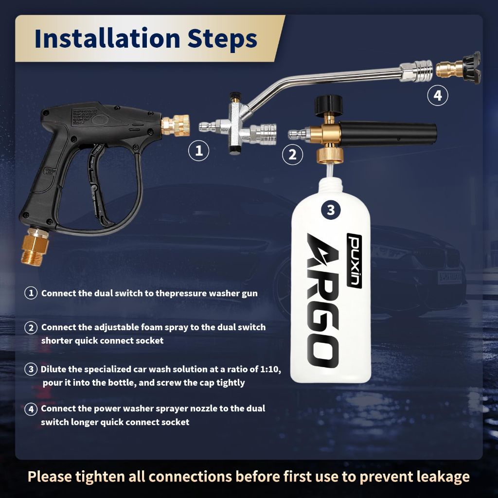 Foam Cannon for Pressure Washer, Stubby Gun with Dual Connector (M22-15mm Adapter + Wash Mitt), 5 Nozzles Tips, 4000 PSI Pressure Washer Gun, 1/4" Quick Connect for Auto/Home, 1 Liter