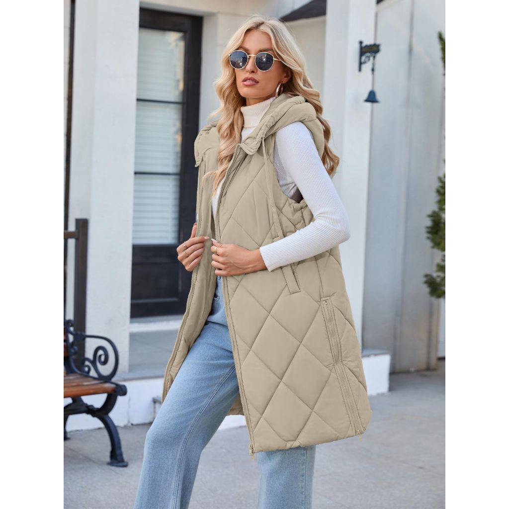 SZ XL, MEROKEETY Womens Winter Mid Long Zipper Puffer Vest Hooded Sleeveless Lightweight Jacket Coats, Khaki