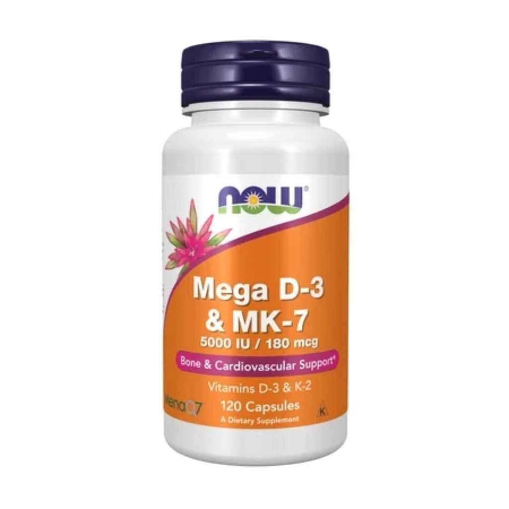 NOW Supplements  Mega D-3 & MK-7  5000 IU / 180 mcg  Bone & Cardiovascular Support*  Vitamins K-3 & K-2  120 Capsules