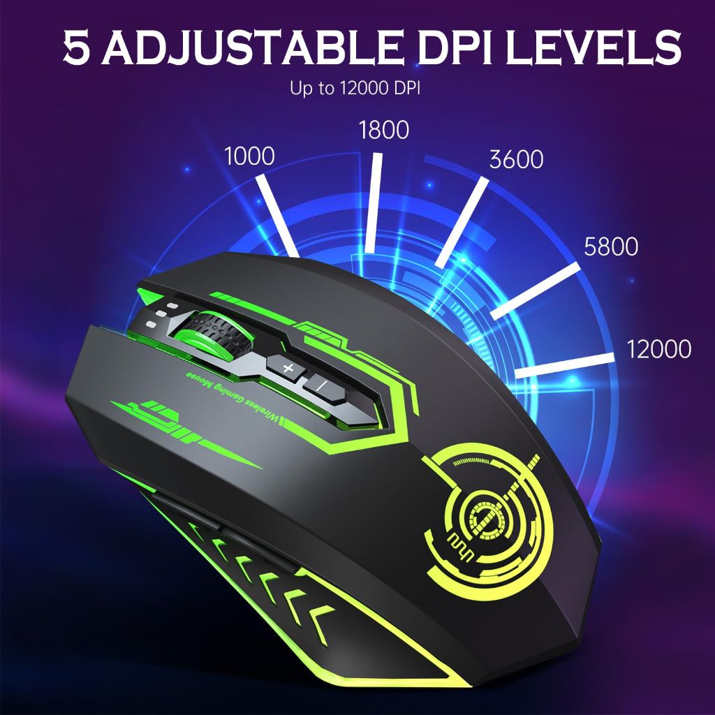 UHURU Wireless Gaming Mouse Up to 12000 DPI, Rechargeable USB-7 Buttons 7 Dynamic LED Color