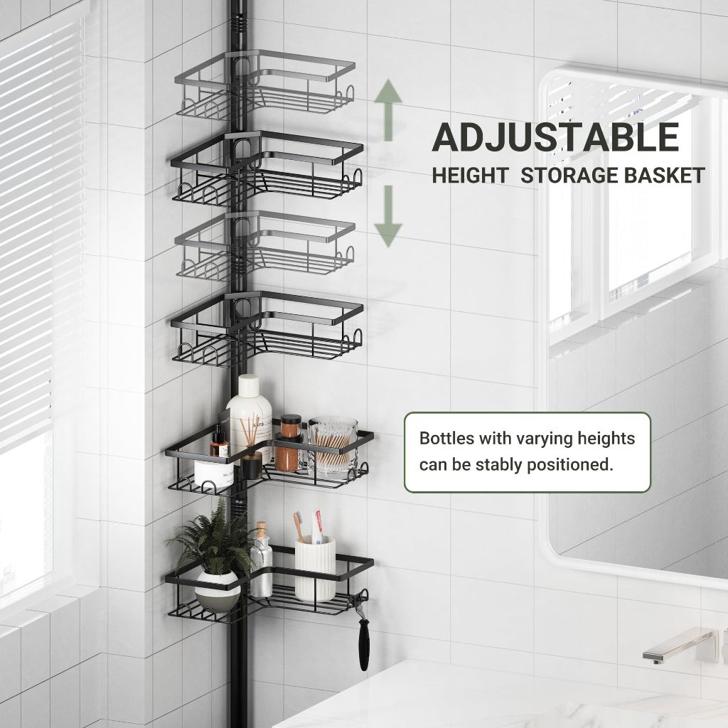 ViviDreamore Corner Shower Caddy Tension Pole, 4-Tier Stainless Steel Rustproof Bathroom Shower Organizer，47-114Inch Height Adjustable Shower Shelves, No-Drill Required Black