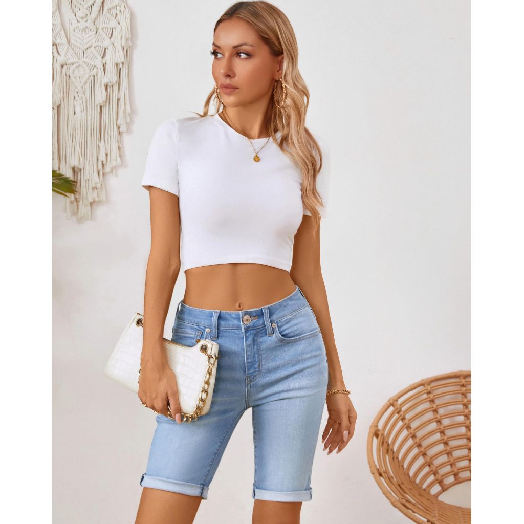 OFLUCK Mid Rise Roll Cuff Bermuda Stretch Denim Women Shorts - size 10