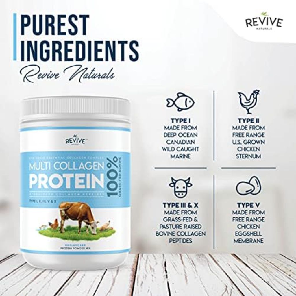 Revive Naturals 100% Grass-Fed Bovine Hydrolized Multi-Collagen Peptides Powder - Unflavored, 1lb.