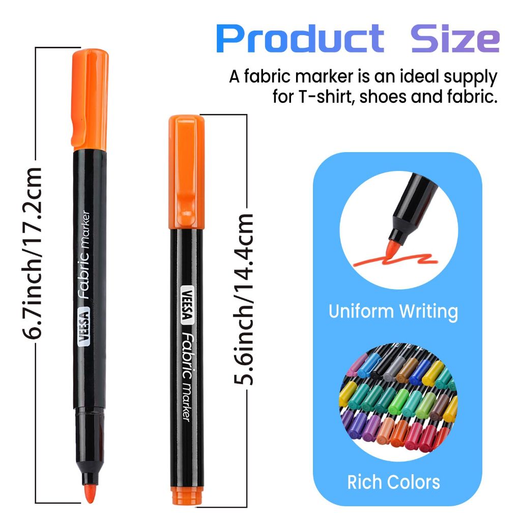 VEESA Fabric Markers Permanent for Clothes, 24 Colors Fine Tip Fabric Paint Pens