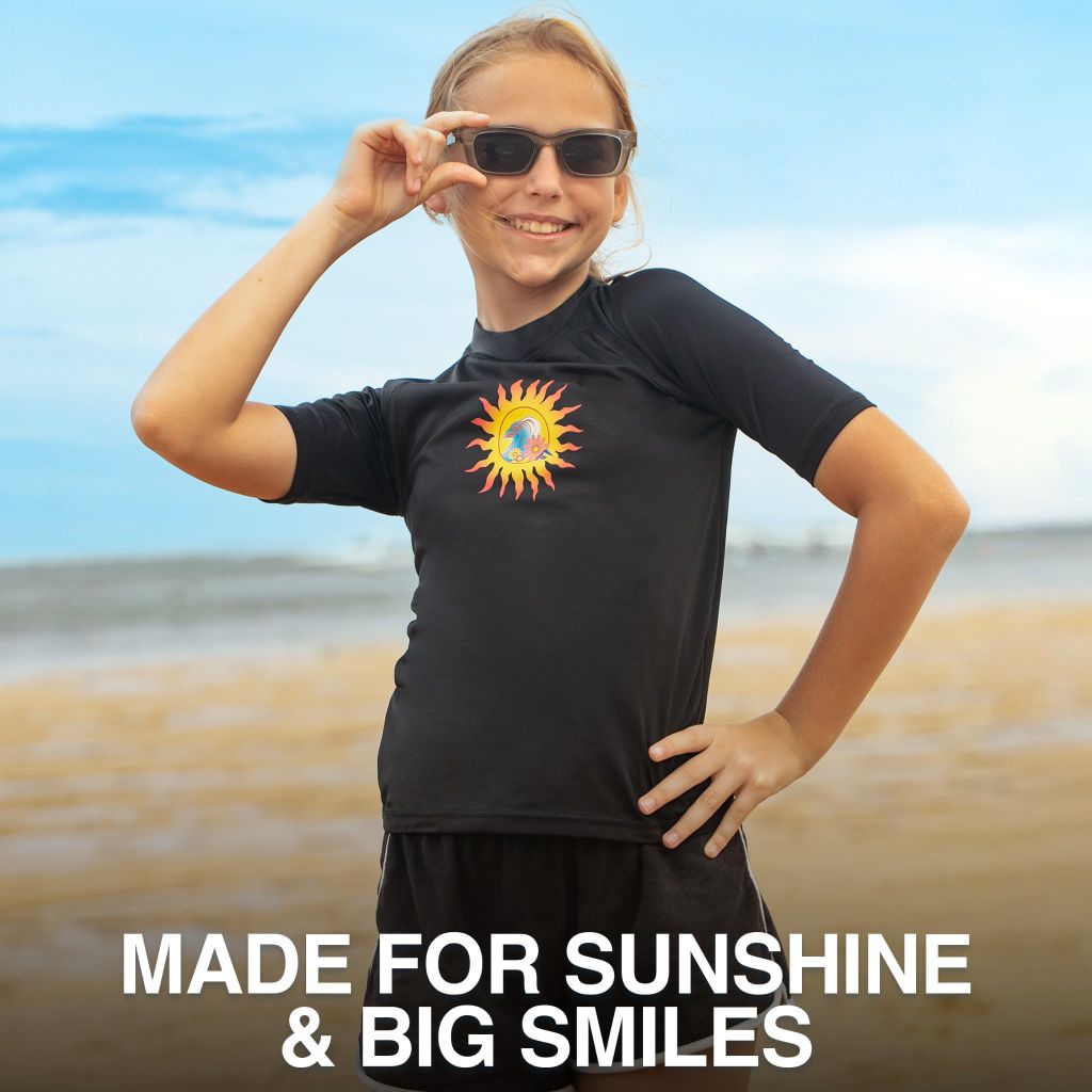 Kanu Surf Girls, Karlie Rash Guard UPF 50+ Sun Protection Short Sleeve Swim Shirt, Annie Black, 14-16