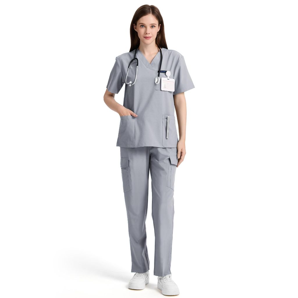 KAILAND Scrubs for Women Stretch V-Neck Scrub Top & Straight Leg Pants Medical Uniform (Grey L)