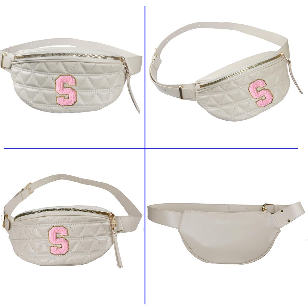 Initial Fanny Pack for Women - Beige Leather Belt Bag with Strawberry Keychain Charm