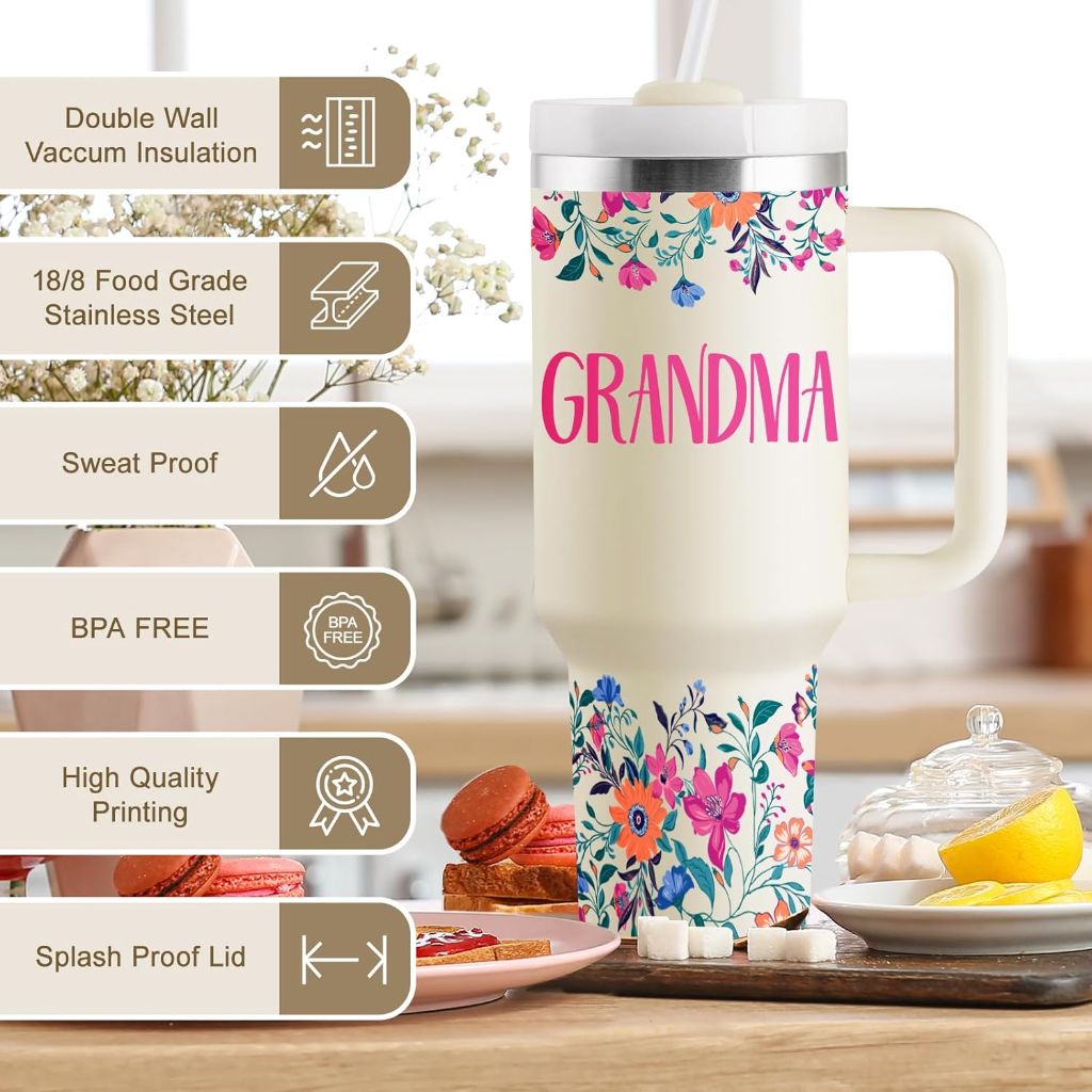 Grandma Gifts Insulated Tumbler with Lid & Straw - 40oz, "Grandma"